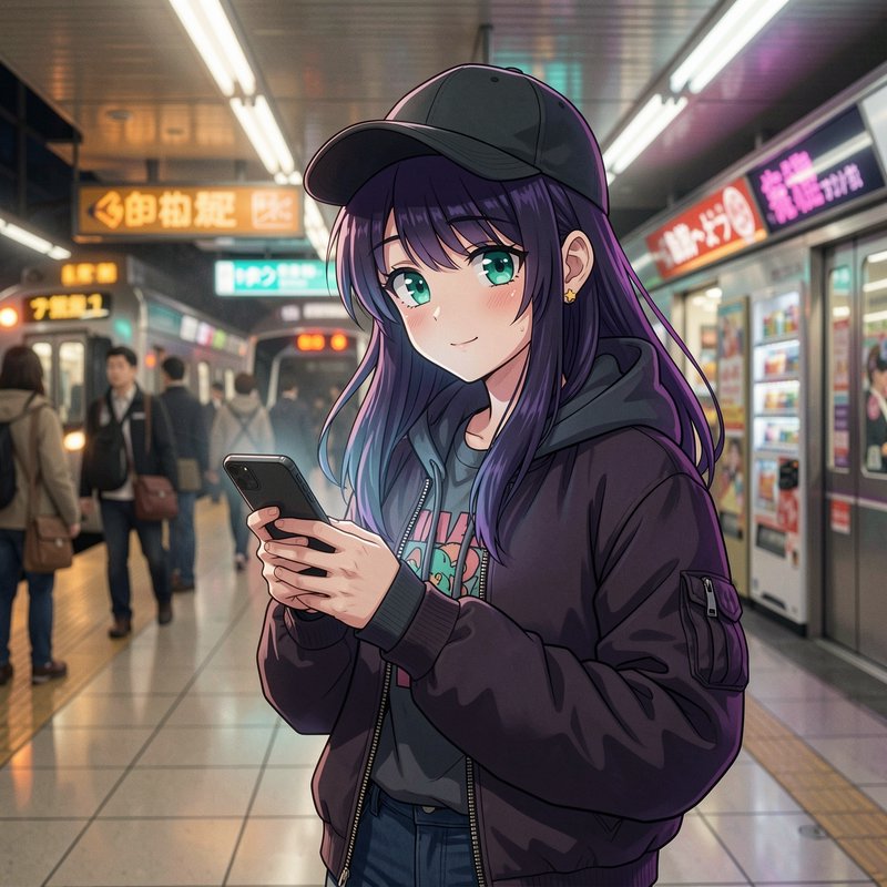 Anime-style girl with purple hair and a black cap texting on her smartphone in a busy subway stat...