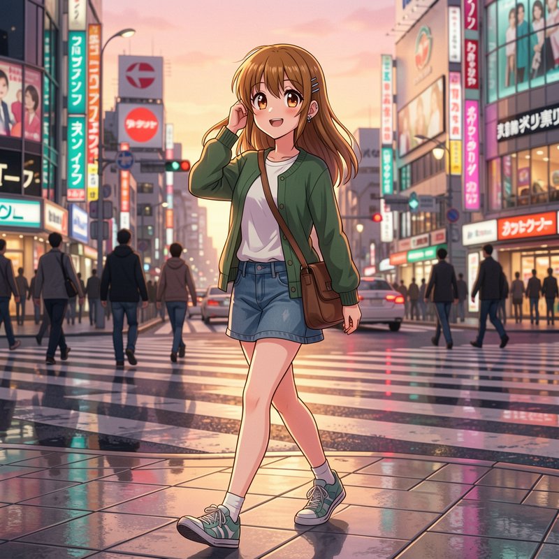 Anime-style girl walking across a busy neon-lit city crosswalk at sunset
