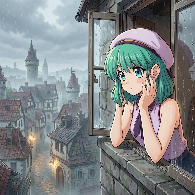 Anime-style girl with teal hair leaning from a stone window in the rain, overlooking a medieval t...