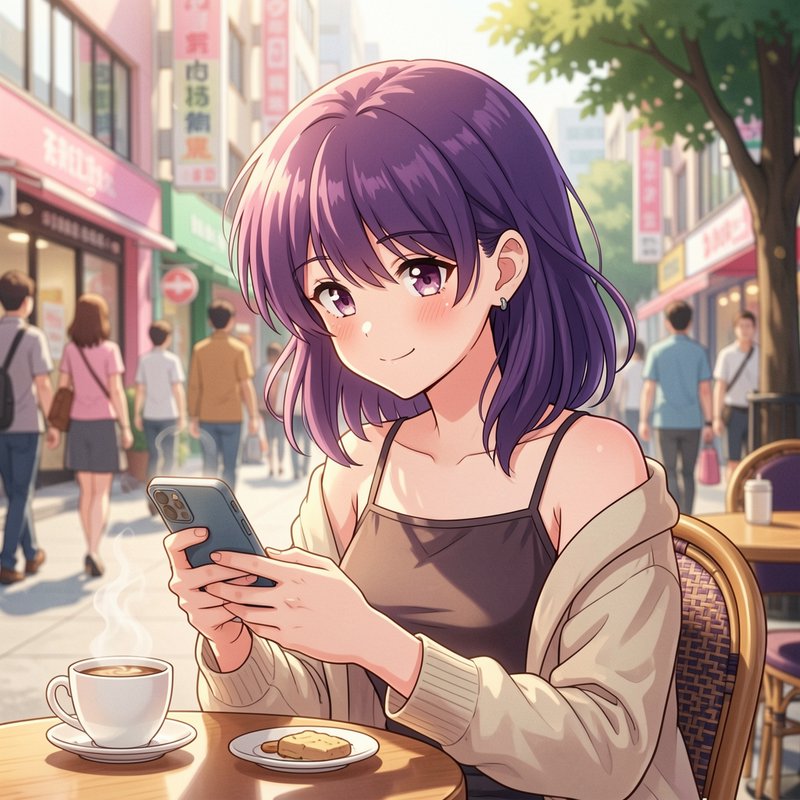 Anime-style purple-haired girl at an outdoor cafe uses her smartphone in a busy city street.