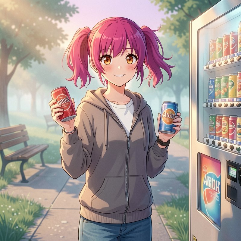 Anime-style girl with pink twin-tailed hair in a gray hoodie holding soda cans by a vending machi...