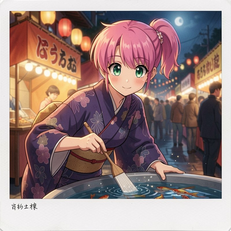 Anime girl with pink hair in a floral yukata feeding koi in a festival pond at night.
