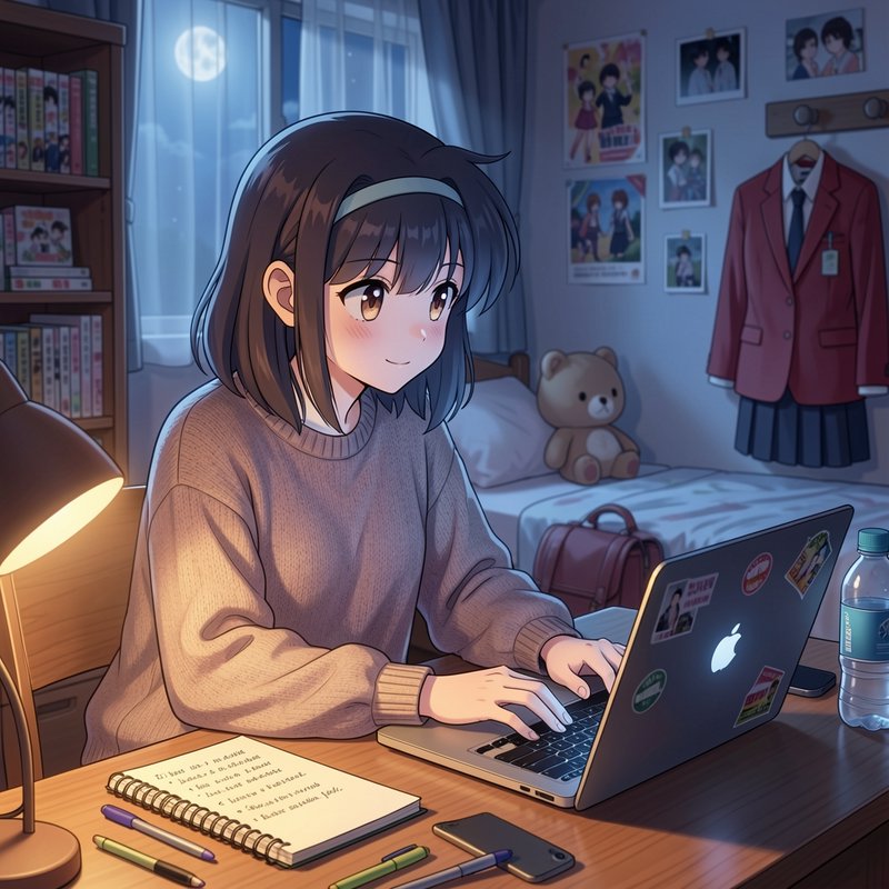 Anime girl studying at a desk by a moonlit window with a laptop and notebook