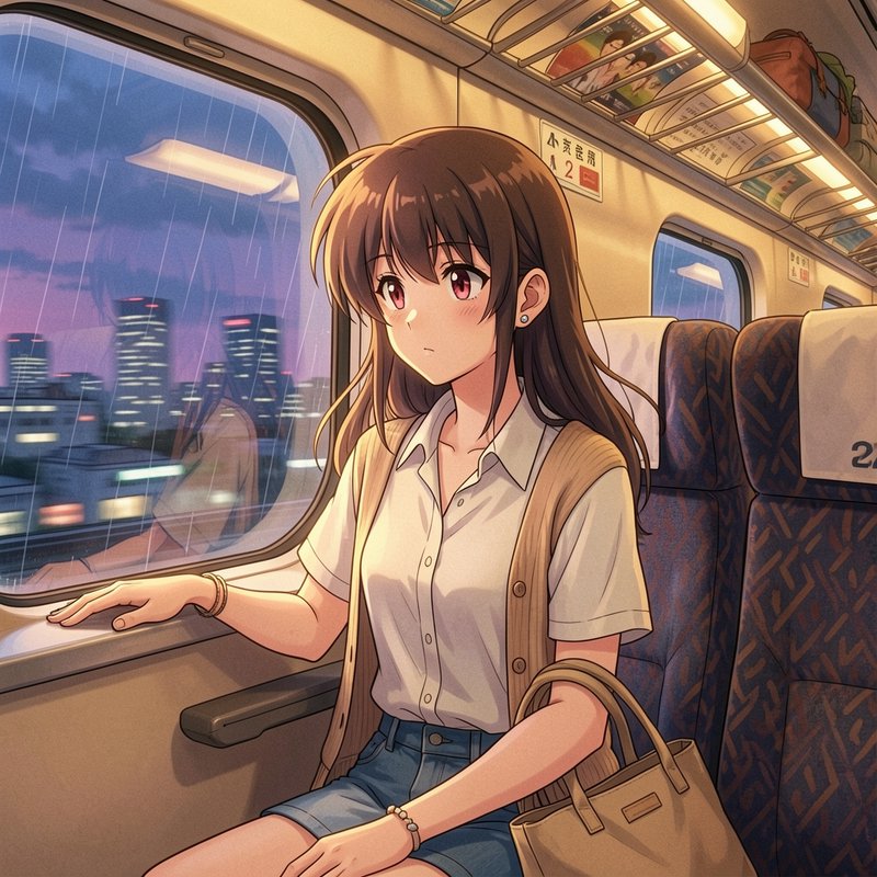 Anime girl on a rainy train at dusk, looking out the window with a pensive expression.