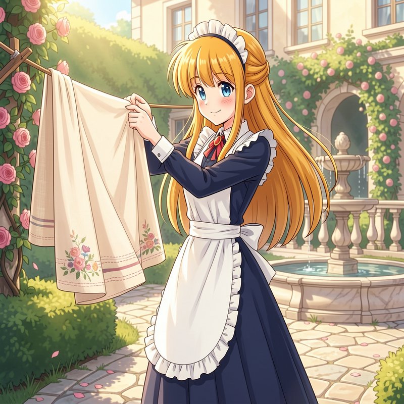 Anime-style maid with long blonde hair in a navy dress and white apron hanging a towel in a sunny...