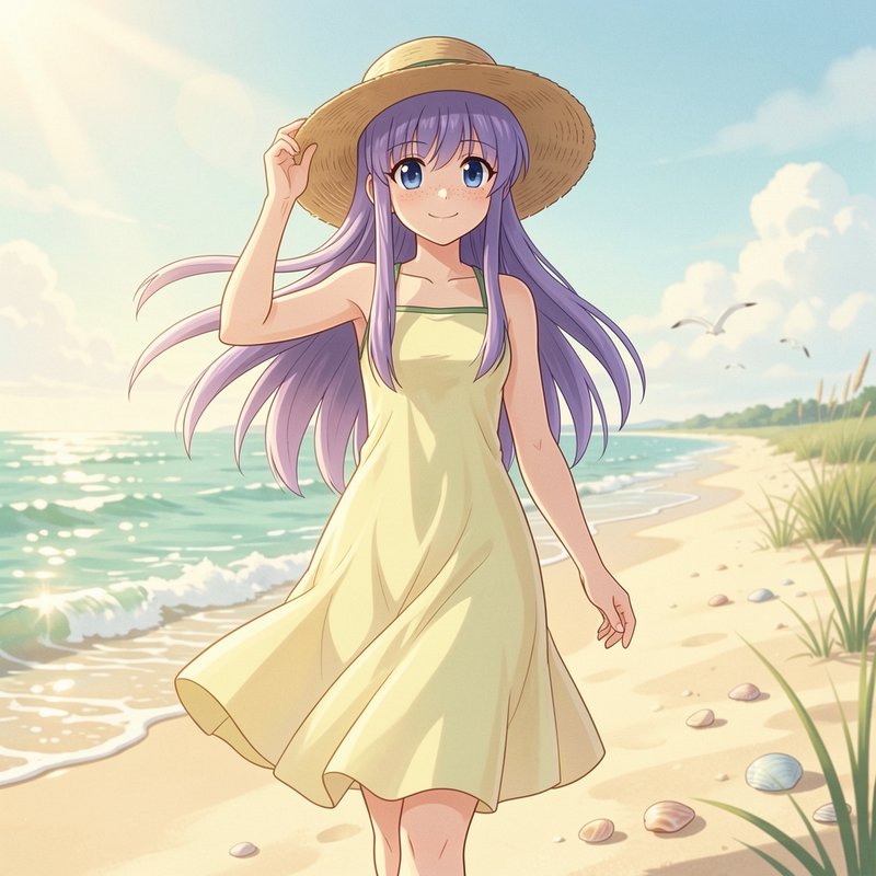 Anime girl with purple hair in a yellow sundress and straw hat walking along sunny beach