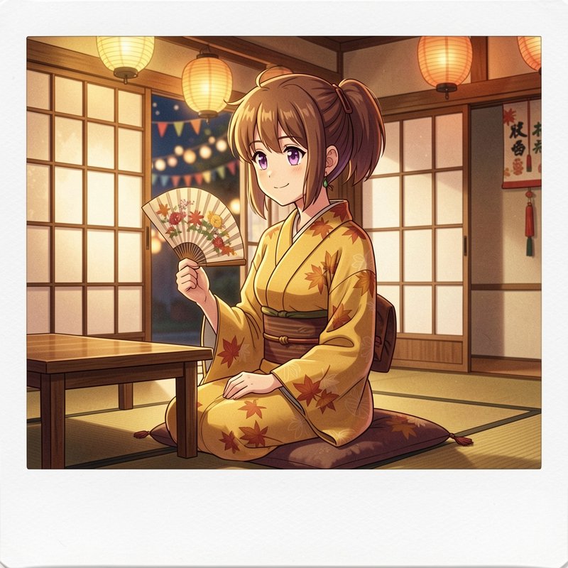 Anime girl in a yellow kimono with maple leaves, kneeling on tatami, holding a decorative fan in ...
