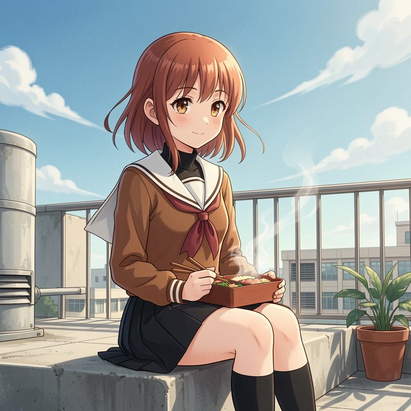 Anime girl in a brown school uniform eating a bento on a sunny rooftop.