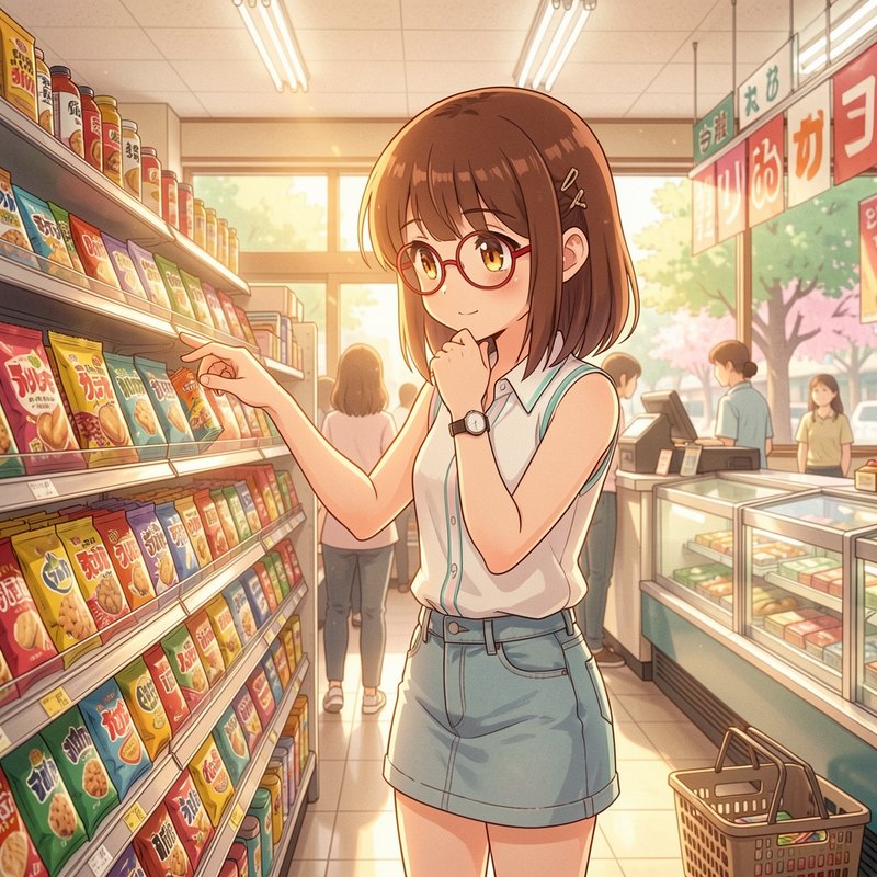 Anime girl with brown hair and glasses selecting snacks in a bright grocery store aisle.