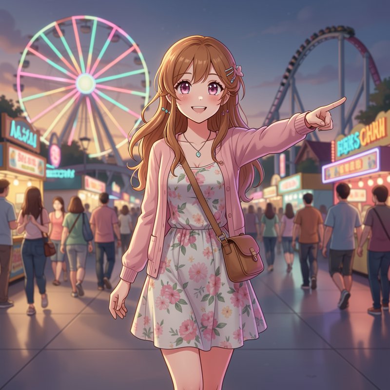 Anime girl at a lively amusement park with a ferris wheel in the background.