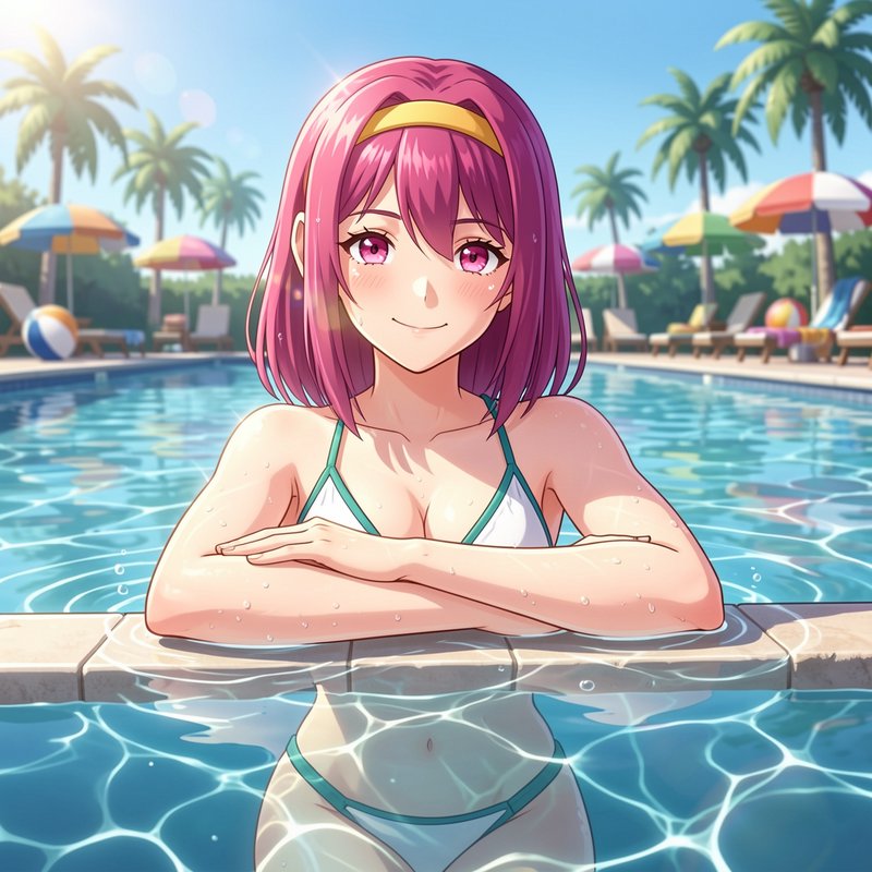 Anime-style girl with pink hair in a white bikini leaning on a pool edge under a sunny sky.