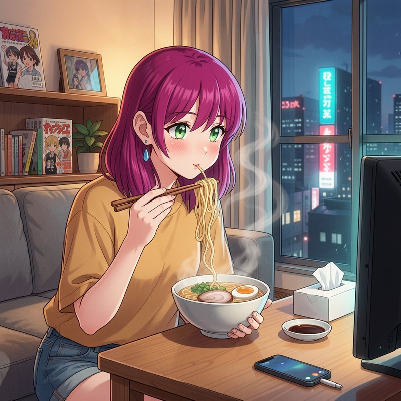An anime girl with purple hair enjoying steaming ramen at a wooden table in a cozy apartment.