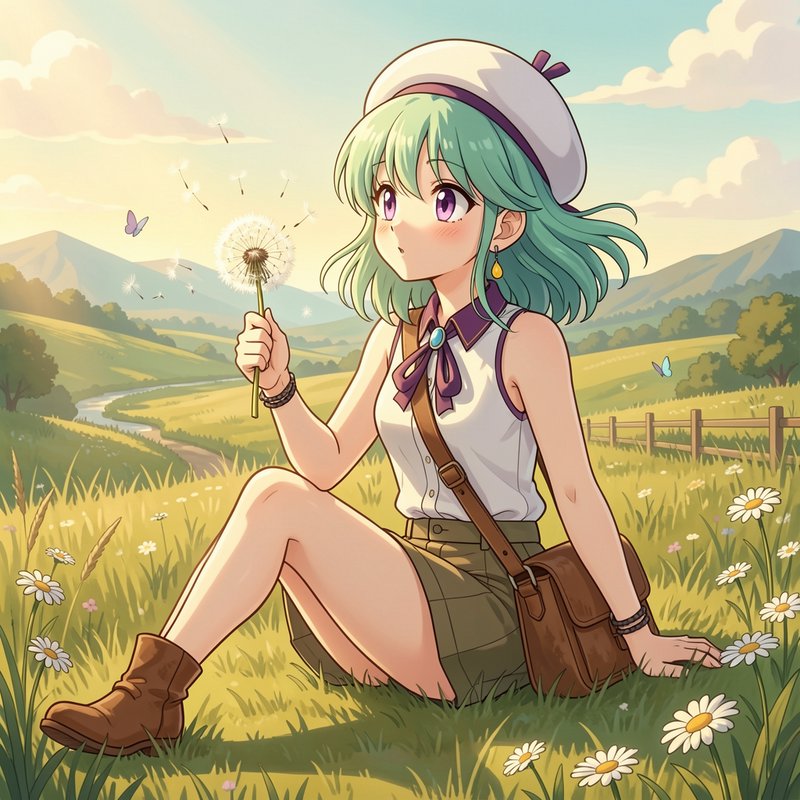 Anime-style girl with mint hair blowing a dandelion in a sunny meadow