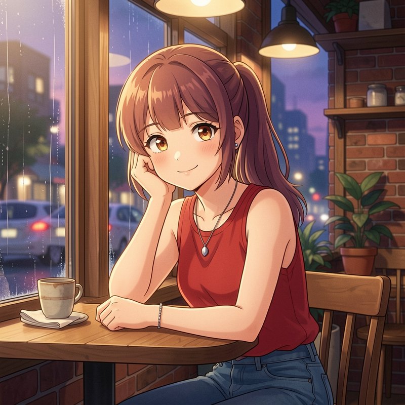 Anime-style girl with brown hair in a ponytail sits at a wooden cafe table by a rain-streaked win...