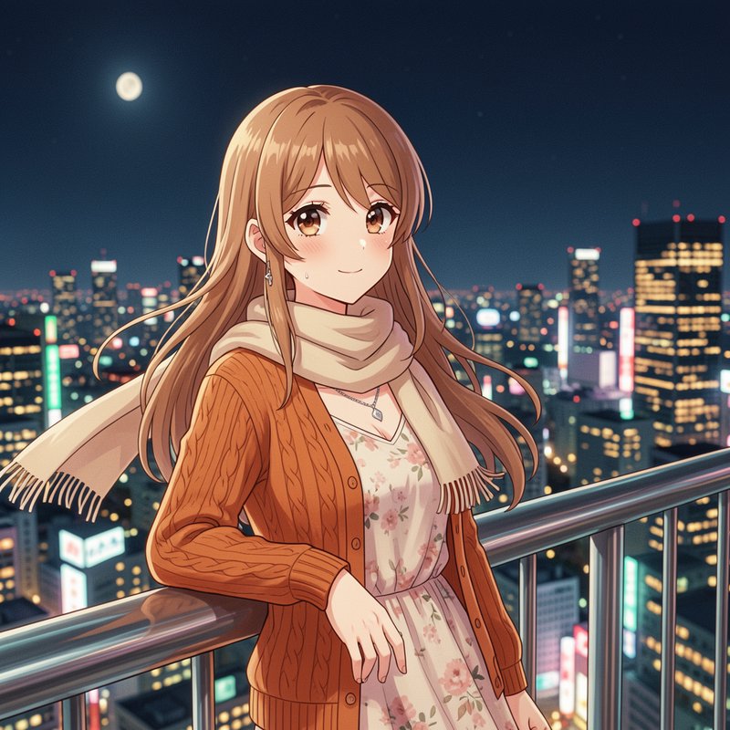 Anime-style girl with scarf and cardigan on a city rooftop at night.