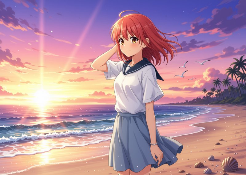 Anime-style red-haired girl in a sailor uniform on a sunset beach with waves and palm trees.