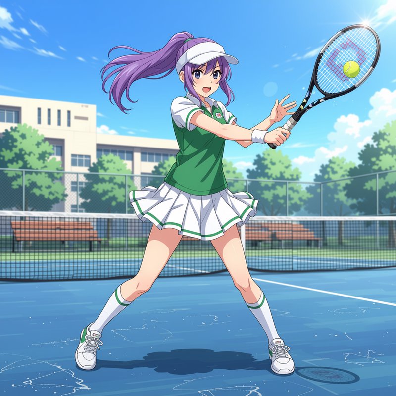 Anime girl with purple hair playing tennis on an outdoor court, swinging a racket.