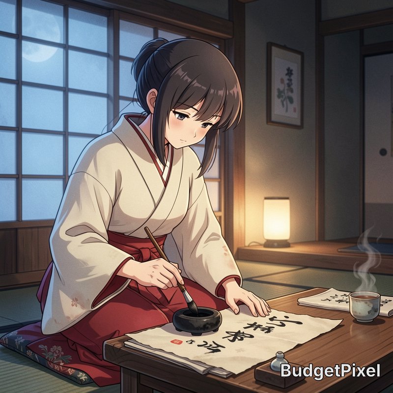 A girl in a white kimono with a red sash sits on a tatami mat, painting calligraphy with a brush ...