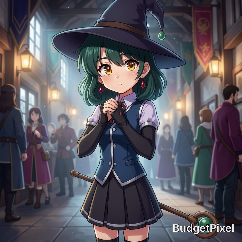 Anime-style girl in a witch hat and blue vest stands in a medieval market street, soft glow and c...