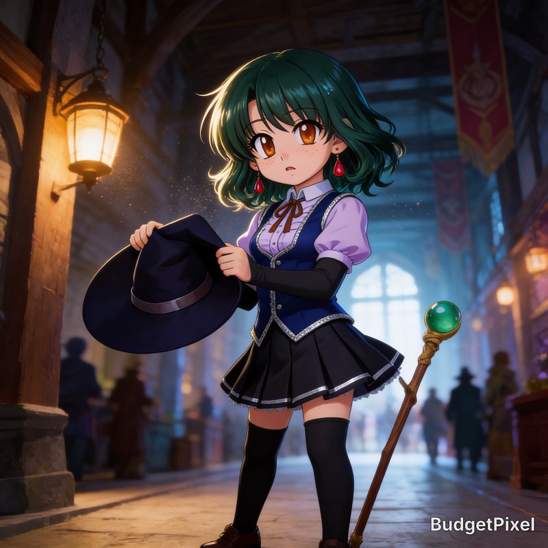 Anime-style girl with green hair in a blue vest and black skirt holds a witch hat in a magical st...