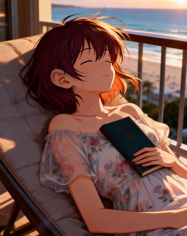 Anime-style girl reclining on a balcony chair at sunset, reading a dark-green book.