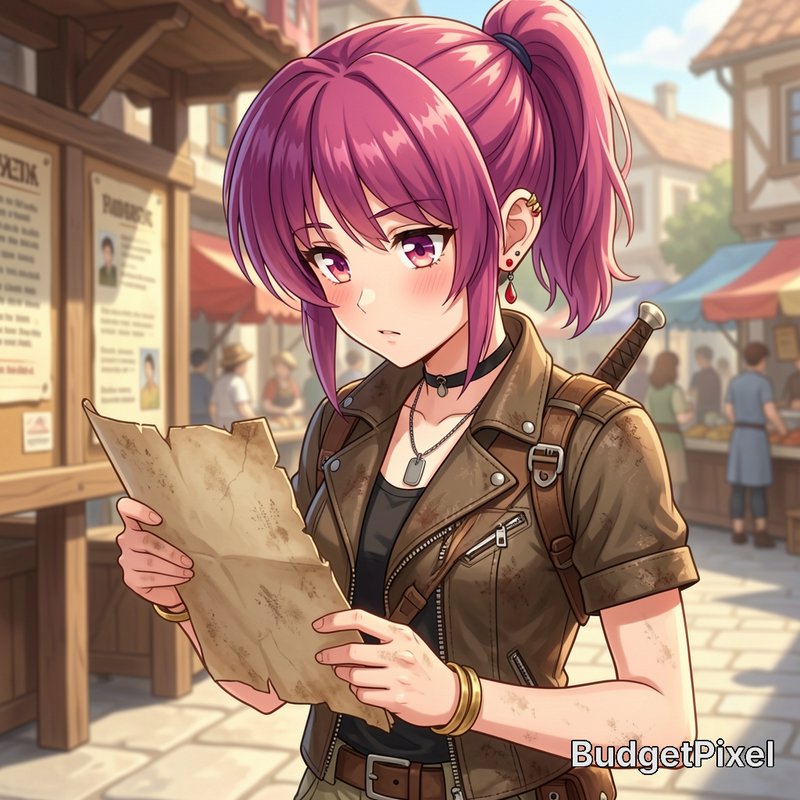 Anime-style girl with pink hair in a leather jacket reads a weathered map in a sunny outdoor market.