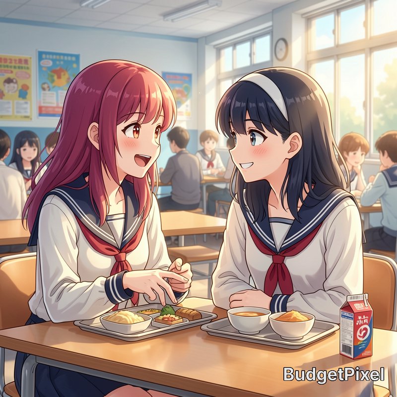 Two anime high school girls in sailor uniforms share lunch at a sunny cafeteria.