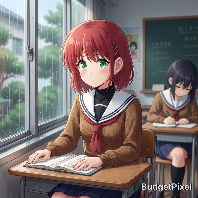 Anime-style schoolgirl with red hair reading a book by a rainy classroom window.