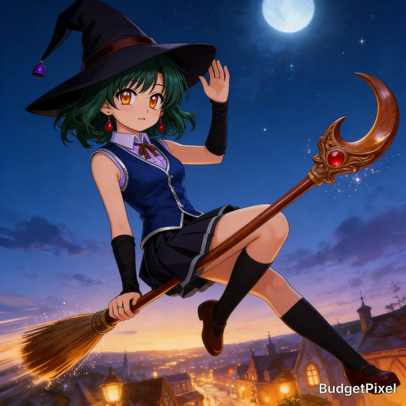 Anime-style witch with green hair riding a broom under a full moon over a moonlit city.