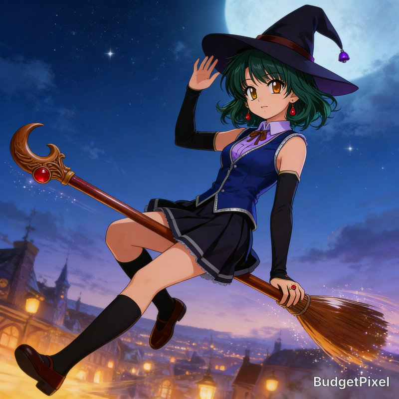 Witch girl in a blue vest on a broomstick flying over a moonlit city at night.