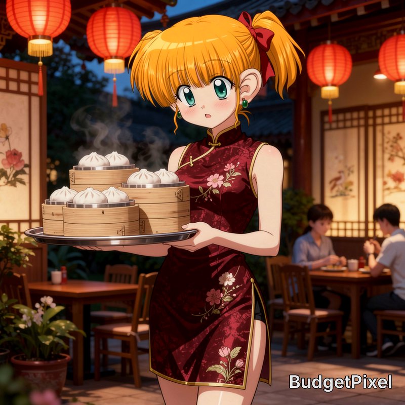 Anime girl in a red cheongsam serving steaming bamboo steamers in a lantern-lit Chinese restaurant