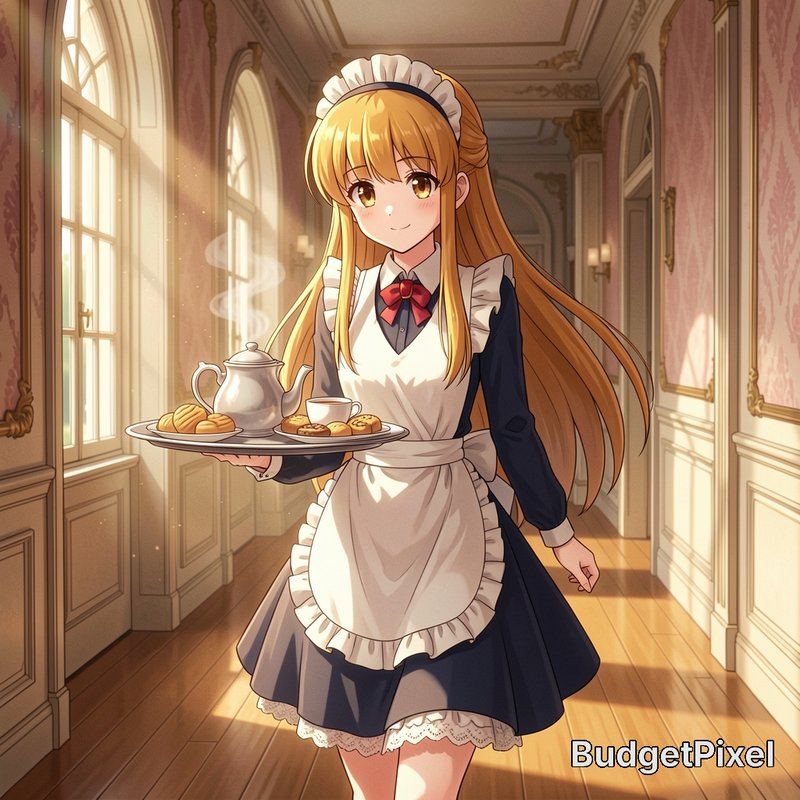 Anime-style maid in a navy dress and white apron carrying a tea tray in a sunlit mansion hall.