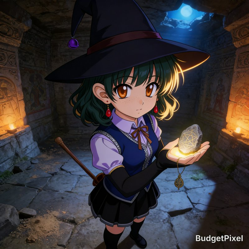 Anime-style witch girl in a blue vest and hat holding a glowing crystal in a dungeon.