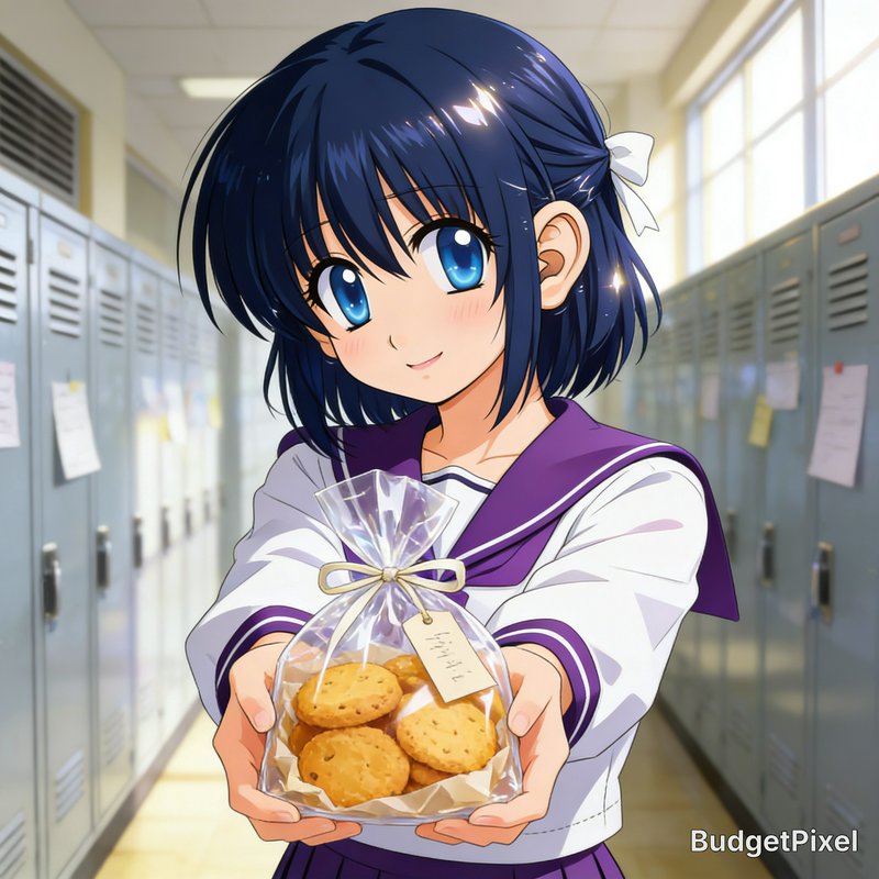 Anime-style girl in a school uniform presenting a bag of cookies in a school hallway.