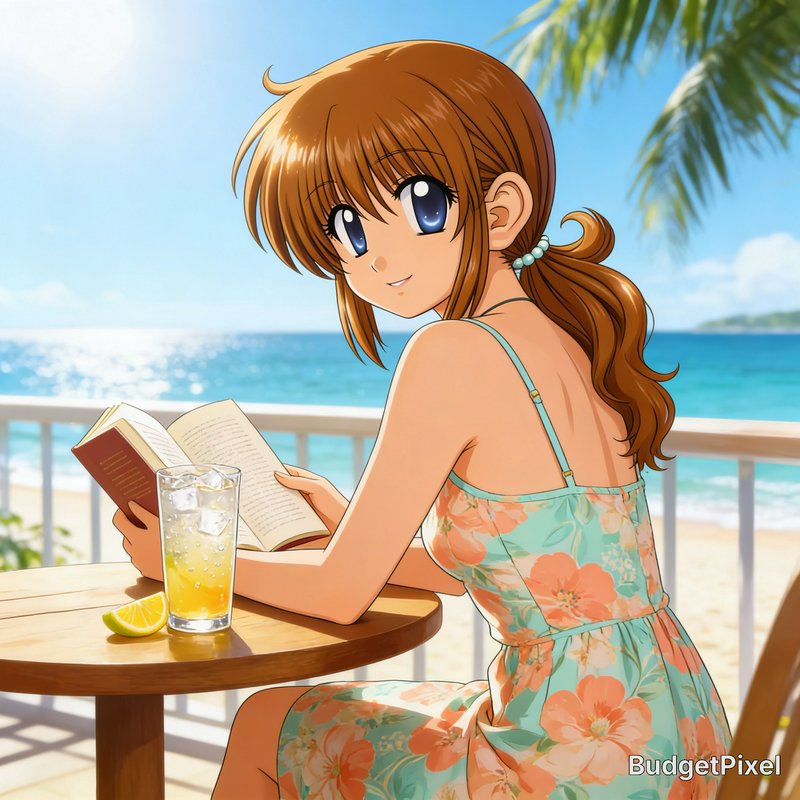 Anime girl in a floral dress reads a book at a seaside café with a drink on the table.