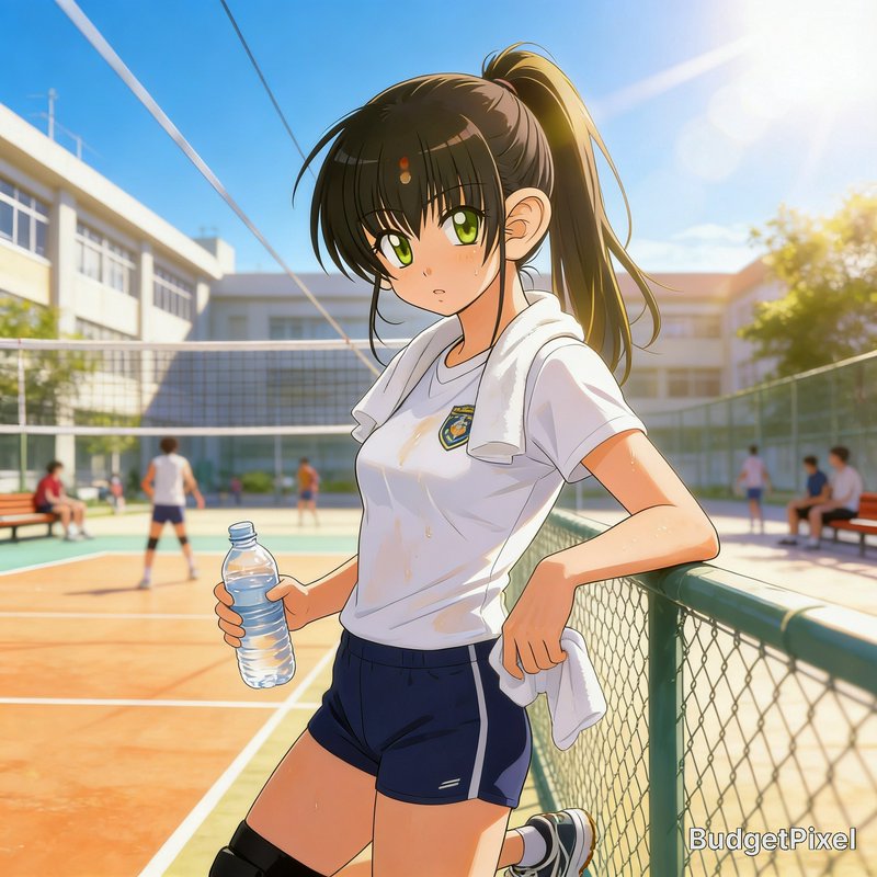 anime-style girl in white athletic shirt and navy shorts leaning on a fence at an outdoor volleyb...