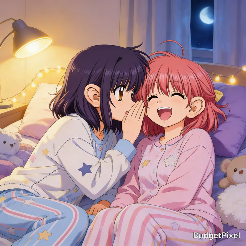 Two anime-style girls in pastel star pajamas sharing a secret in a cozy bedroom at night.