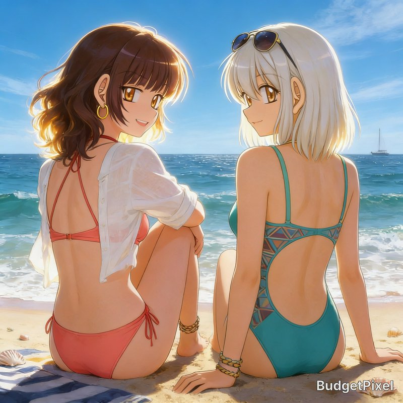 Two anime-style women in bikinis sit on a sunny beach with the ocean behind them.