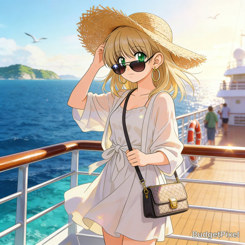 Anime-style girl on a cruise deck wearing a straw hat, sunglasses, white dress, and a crossbody bag.