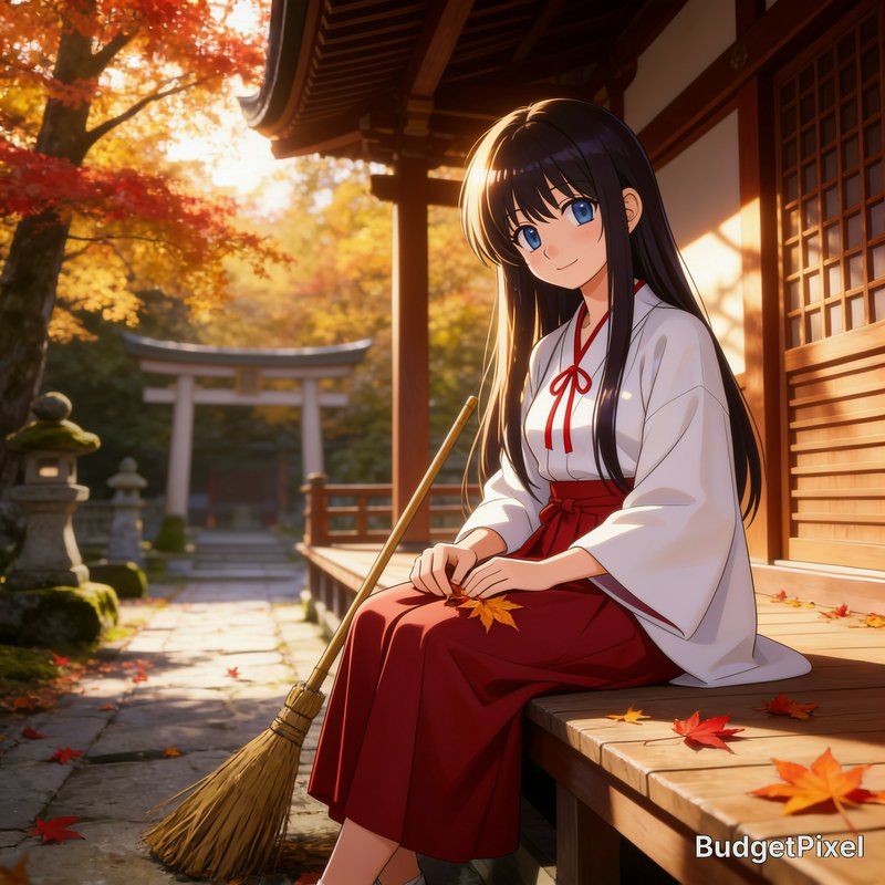 Anime girl in white kimono top and red hakama sitting with a broom in an autumn shrine setting.
