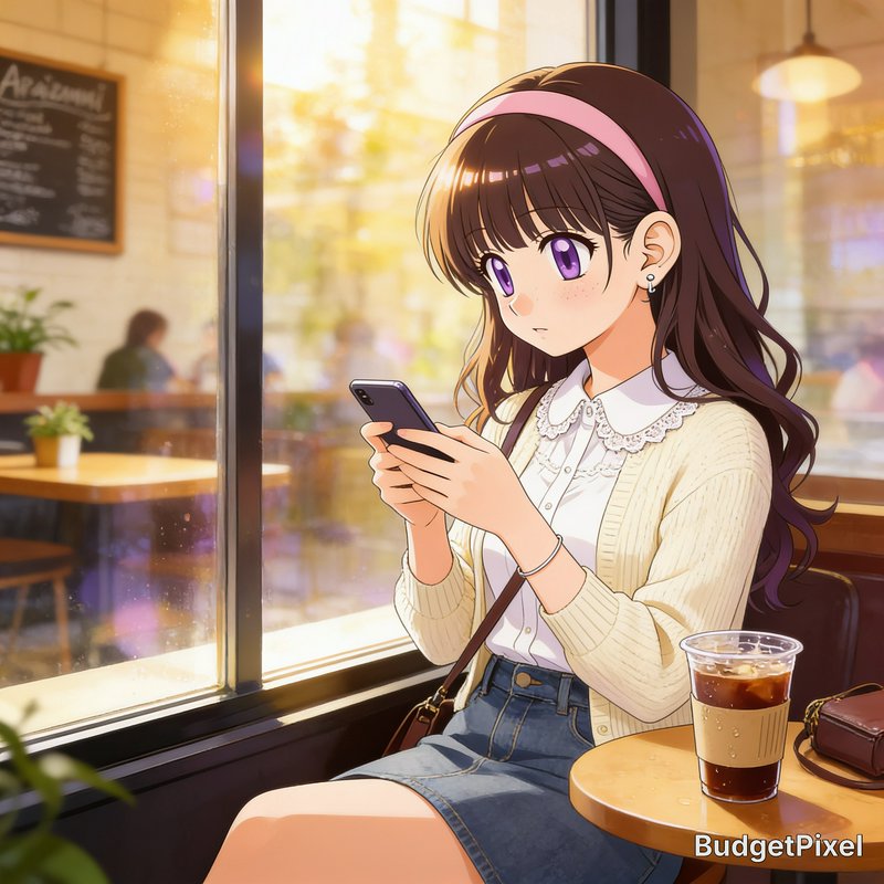 Anime-style girl with a pink headband using a smartphone in a cozy cafe