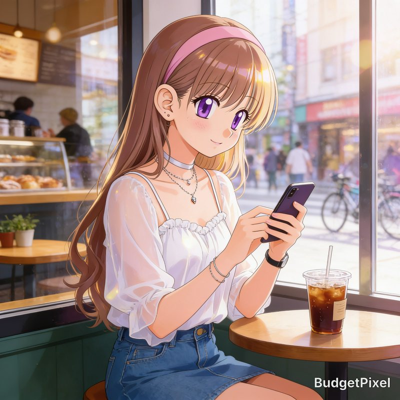 Anime-style girl with pink headband using a smartphone in a sunny cafe