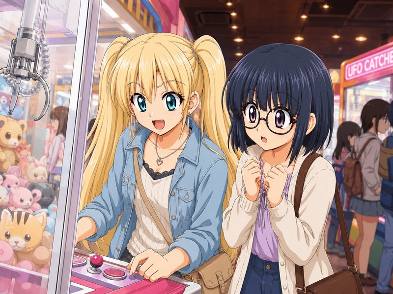 Two excited anime teen girls playing a UFO claw machine at a busy colorful indoor Japanese arcade
