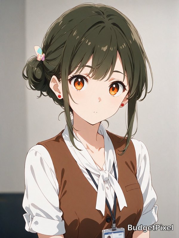 Anime portrait of young female office worker with dark green bun hair, bright orange eyes, and em...