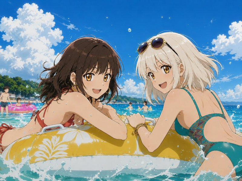 Two smiling anime girls lean on a yellow floral inflatable float in bright turquoise ocean on a s...