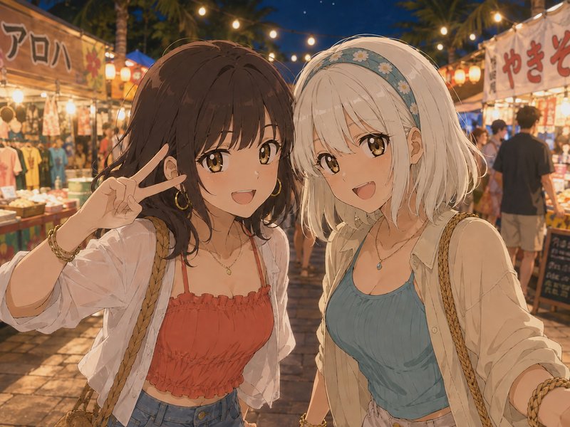 Two smiling anime girls pose for a selfie at a lit Japanese night market, one holding up a peace ...