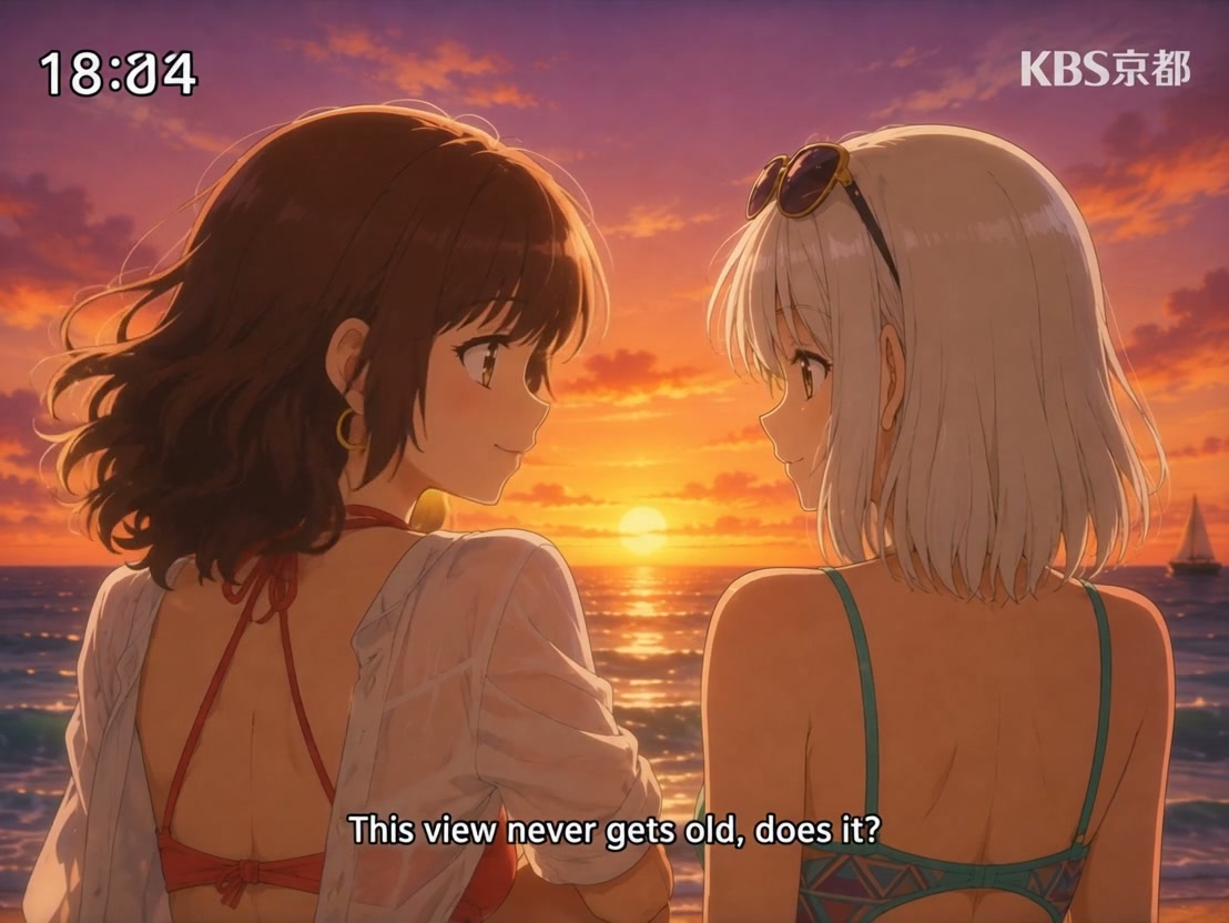 Two anime girls in swimwear smile at each other while enjoying a vibrant beach sunset over the oc...