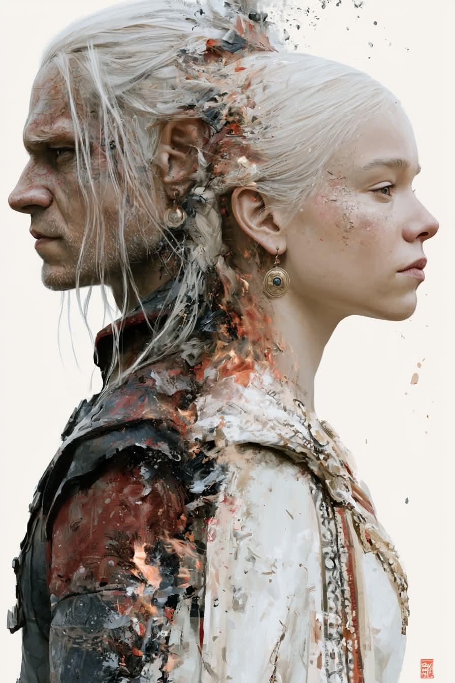 Blended double exposure fantasy portrait of Targaryen royal pair Daemon and Rhaenyra, side profile painterly digital fan art.