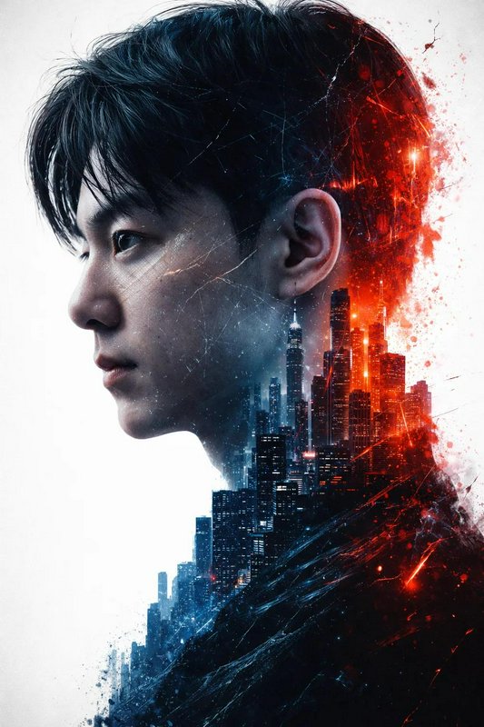 Double exposure profile portrait of young East Asian man merged with glowing neon city skyline, cool blue and fiery red co...