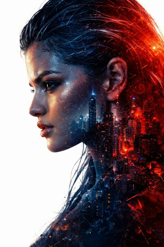 Double exposure profile portrait of a woman merged with an illuminated night city skyline in cool blue to warm red